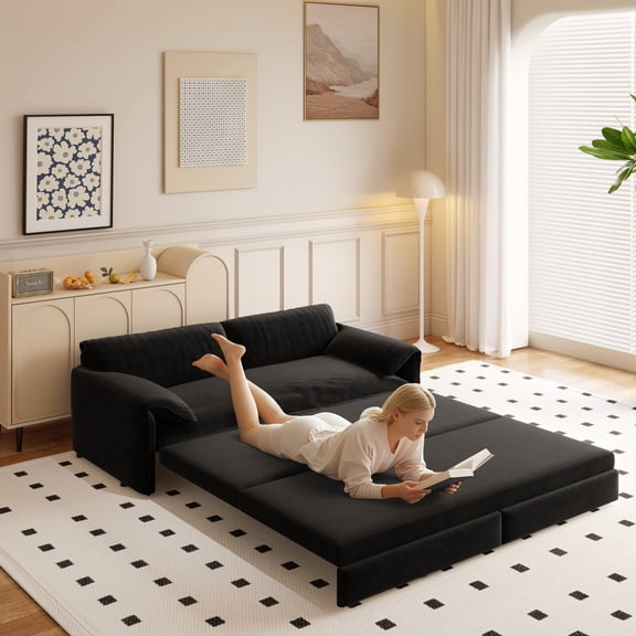 LLappuil 66" Loveseat Sofa, Pull Out Sofa Bed Queen Size, Velvet Sofa Couch Convertible Sofa Bed for Living Room Black