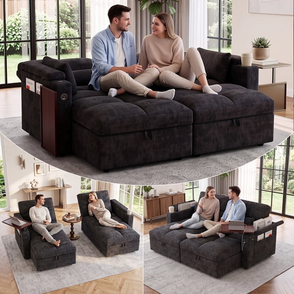 LLappuil 66" Sofa Bed Full Size, Loveseat Sofa Convertible Sofa Bed, Chenille Sofa Couch with USB Charging Port, Foldable Side Tray, Cup Holder, Hidden Storage Armrest Black