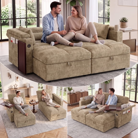 LLappuil 66" Sofa Bed Full Size, Loveseat Sofa Convertible Sofa Bed, Chenille Sofa Couch with USB Charging Port, Foldable Side Tray, Cup Holder, Hidden Storage Armrest Khaki