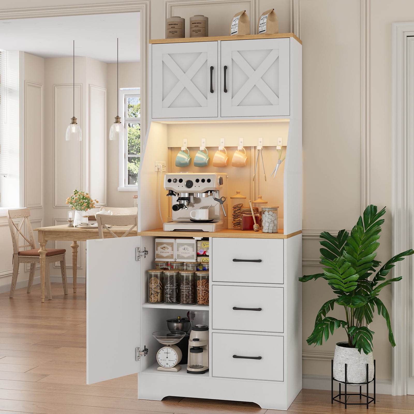 LLappuil 69" Kitchen Pantry, Kitchen Pantry Storage Cabinet with LED Light & Outlet, Kitchen Hutch with 6 Hooks, Drawer, Adjustable Shelves White