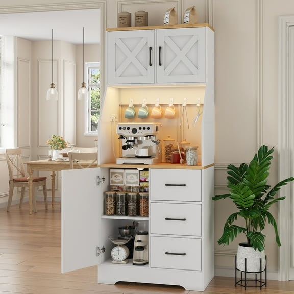 LLappuil 69" Kitchen Pantry, Kitchen Pantry Storage Cabinet with LED Light & Outlet, Kitchen Hutch with 6 Hooks, Drawer, Adjustable Shelves White