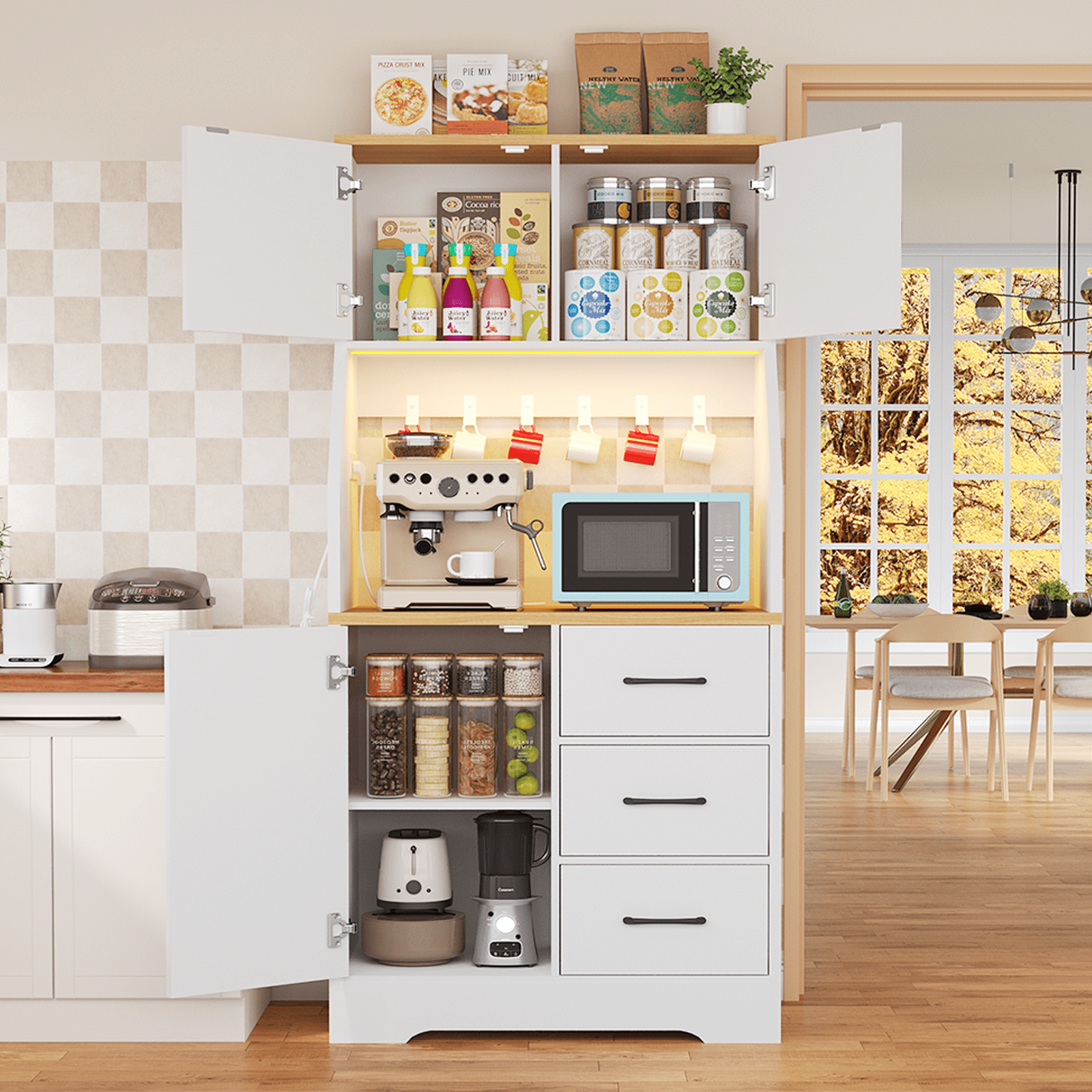 LLappuil 69" Kitchen Pantry, Kitchen Pantry Storage Cabinet with LED Light & Outlet, Kitchen Hutch with 6 Hooks, Drawer, Adjustable Shelves White