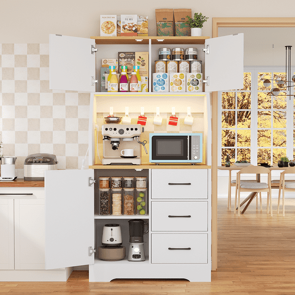 LLappuil Kitchen Pantry, Kitchen Pantry Storage Cabinet with LED Light & Outlet, Kitchen Hutch with 6 Hooks, Drawer, Adjustable Shelves White