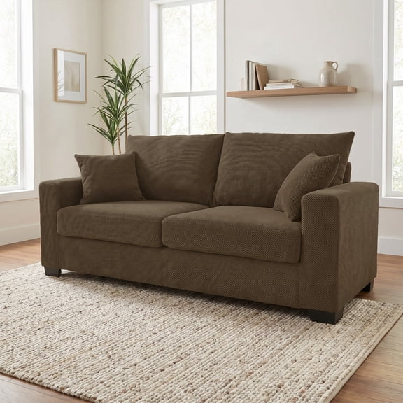 LLappuil 69" Loveseat Sofa, Upholstered Couch with 2 Throw Pillows for Living Room, Linen Brown