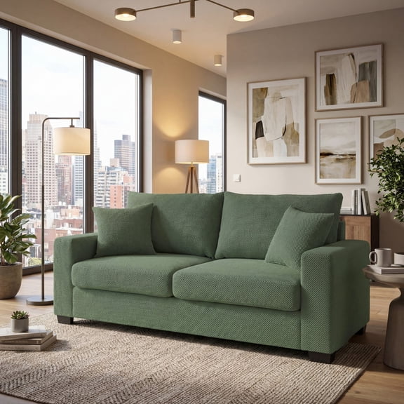 LLappuil 69" Loveseat Sofa, Upholstered Couch with 2 Throw Pillows for Living Room, Linen Green