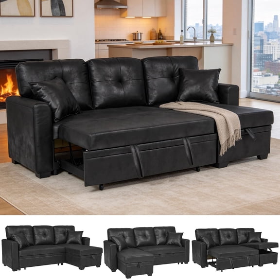 LLappuil 71" Sectional Sofa, Sectional Couch with Pull Out Sofa Bed Twin Size, Convertible Sofa Bed with Storage Chaise for Living Room, Compact Space, Foil Fabric Black