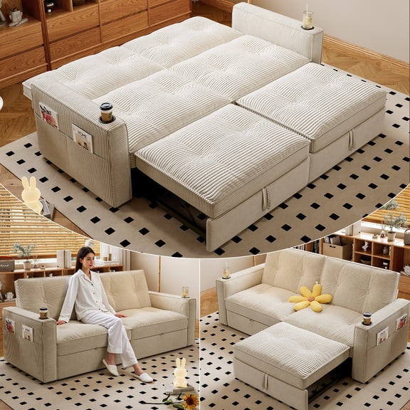 LLappuil 73" Pull Out Sofa Bed Queen Size, Loveseat Sofa Convertible Sleeper Sofa Bed, Corduroy Sofa Couch for Living Room Beige