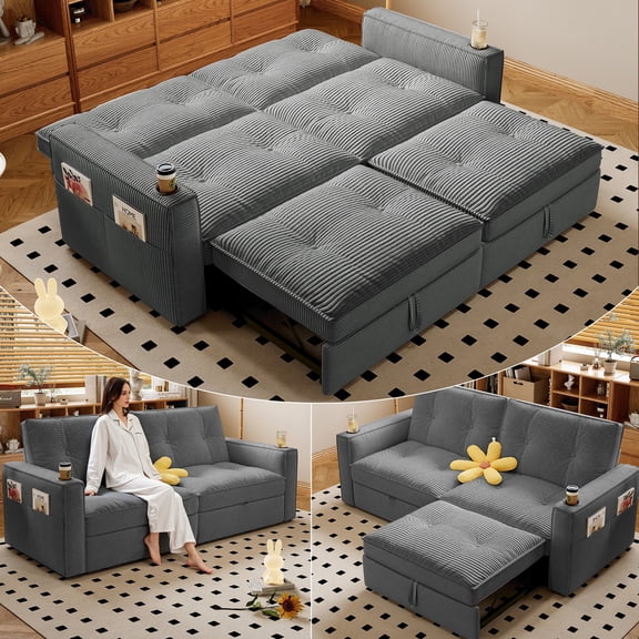 LLappuil 73" Pull Out Sofa Bed Queen Size, Loveseat Sofa Convertible Sleeper Sofa Bed, Corduroy Sofa Couch for Living Room Gray