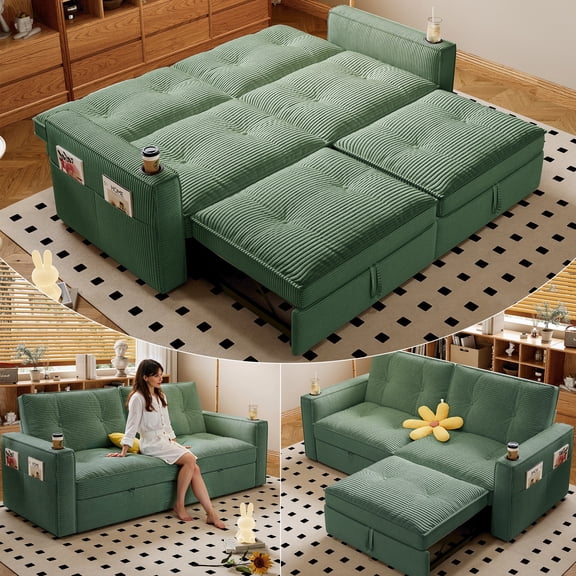 LLappuil 73" Pull Out Sofa Bed Queen Size, Loveseat Sofa Convertible Sleeper Sofa Bed, Corduroy Sofa Couch for Living Room Green
