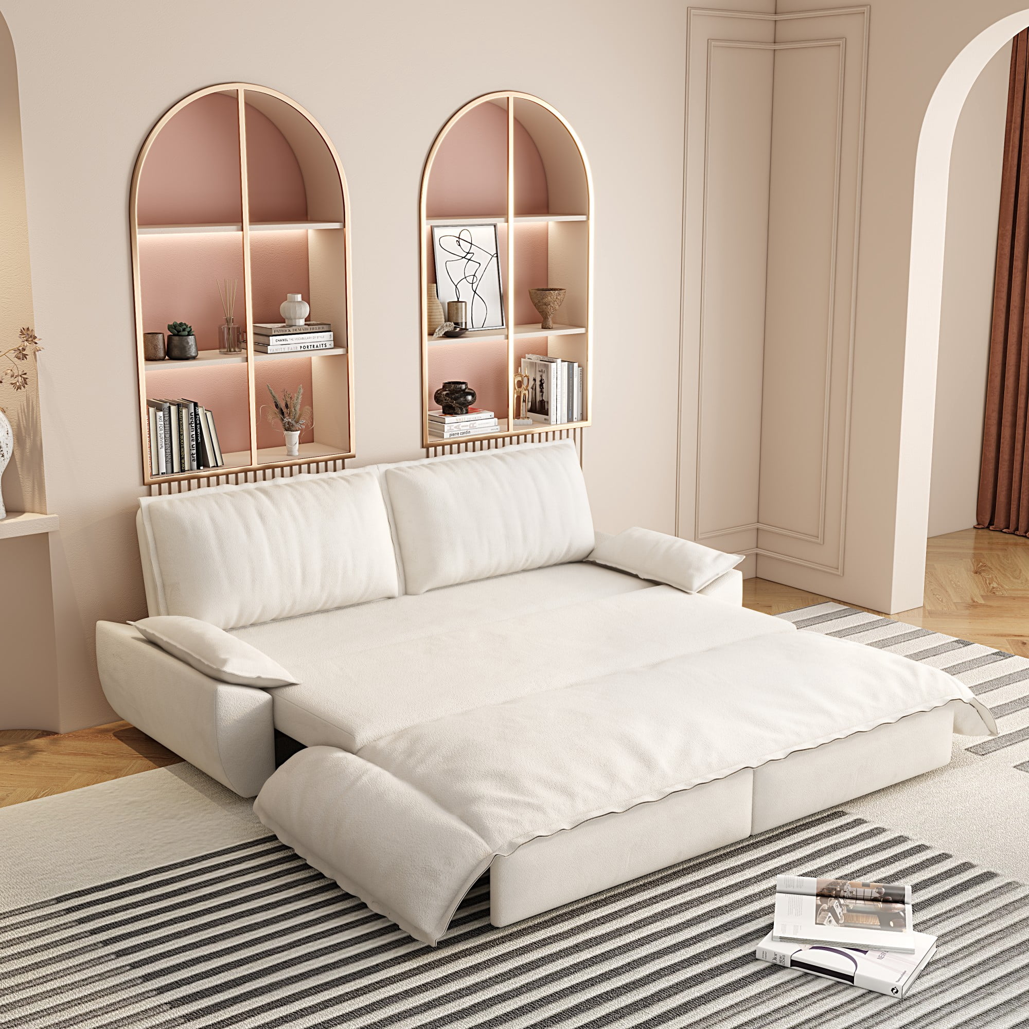 LLappuil 73" Pull Out Sofa Bed Queen Size, Velvet Loveseat Sofa Couch Convertible Sofa Bed for Living Room Beige