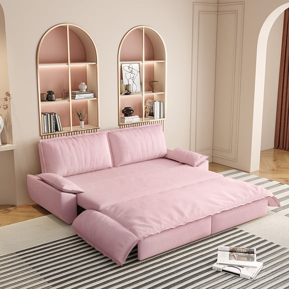 LLappuil 73" Pull Out Sofa Bed Queen Size, Velvet Loveseat Sofa Couch Convertible Sofa Bed for Living Room Pink