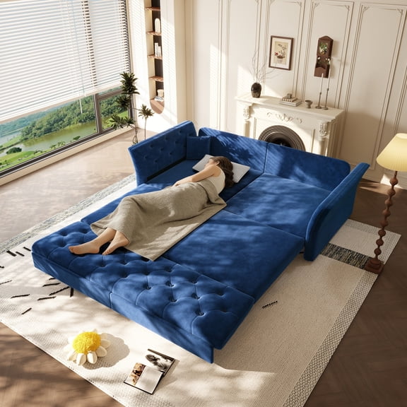 LLappuil 74" Queen Size Pull Out Sofa Bed, Loveseat Sleeper Sofa Couch Convertible Sofa Bed, Velvet Sofa for Living Room Blue