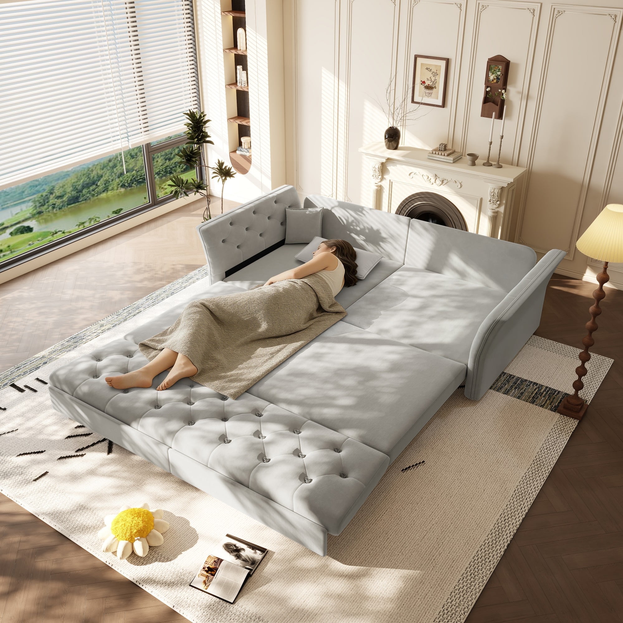 LLappuil 74" Queen Size Pull Out Sofa Bed, Loveseat Sleeper Sofa Couch Convertible Sofa Bed, Velvet Sofa for Living Room Light Gray