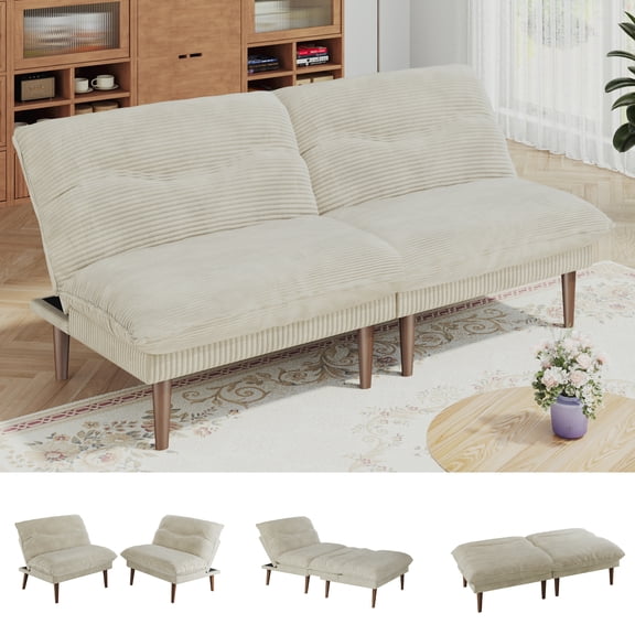 LLappuil 75" Futon Convertible Sofa Bed, Corduroy Loveseat Sleeper Sofa Couch for Living Room Beige