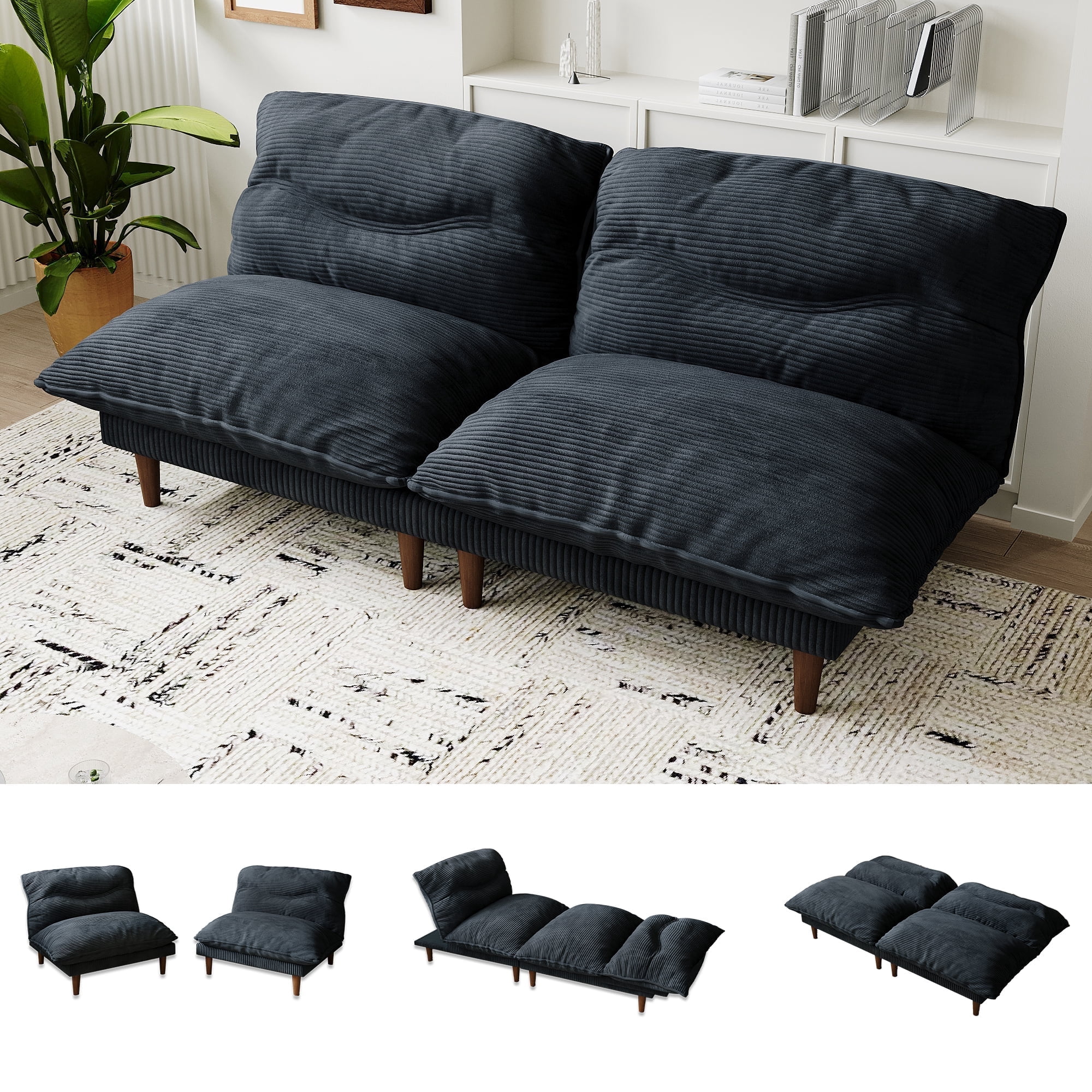 LLappuil 75" Futon Convertible Sofa Bed, Corduroy Loveseat Sleeper Sofa Couch for Living Room Black