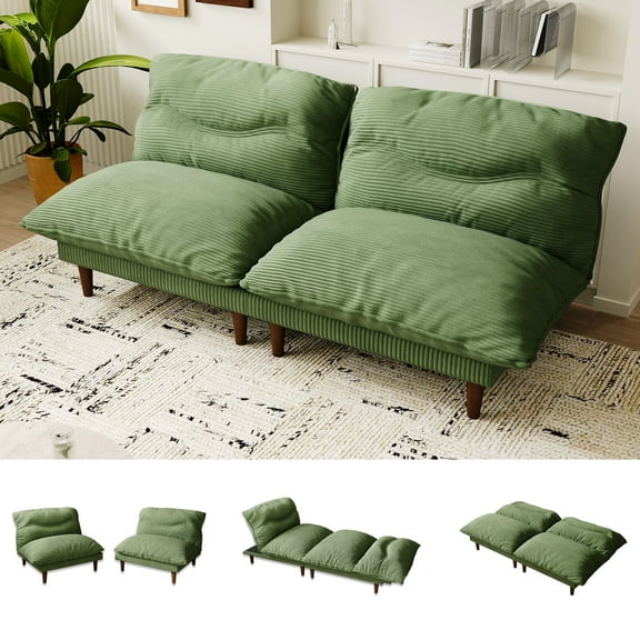 LLappuil 75" Futon Convertible Sofa Bed, Corduroy Loveseat Sleeper Sofa Couch for Living Room Green