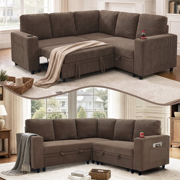 LLappuil 76" x 76" Sectional Sofa, Sectional Couch with Pull Out Sofa Bed Twin Size, 4 Seat Sofa Couch with Cup Holders & Side Pocket Convertible Sofa Bed for Living Room, Polyester Brown