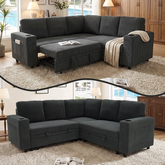 LLappuil 76" x 76" Sectional Sofa, Sectional Couch with Pull Out Sofa Bed Twin Size, 4 Seat Sofa Couch with Cup Holders & Side Pocket Convertible Sofa Bed for Living Room, Polyester Dark Gray