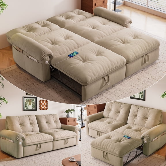 LLappuil 77" Pull Out Sofa Bed Queen Size, Loveseat Sofa Convertible Sleeper Sofa Bed, Flannelette Fabric Sofa Couch for Living Room Brown