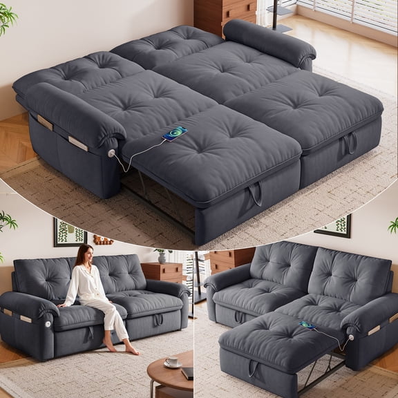 LLappuil 77" Pull Out Sofa Bed Queen Size, Loveseat Sofa Convertible Sleeper Sofa Bed, Flannelette Fabric Sofa Couch for Living Room Gray