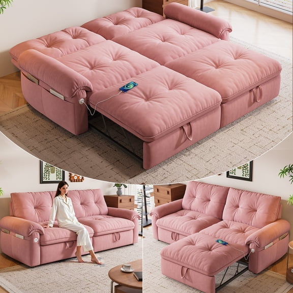 LLappuil 77" Pull Out Sofa Bed Queen Size, Loveseat Sofa Convertible Sleeper Sofa Bed, Flannelette Fabric Sofa Couch for Living Room Pink