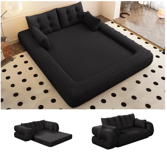 LLappuil 79" Futon Convertible Sofa Bed, Sherpa Fleece Human Dog Bed, Floor Lazy Sofa Bed for Living Room Black