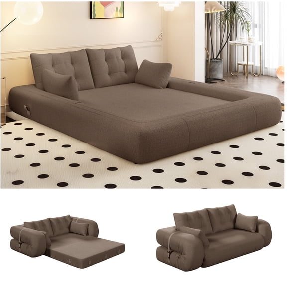 LLappuil 79" Futon Convertible Sofa Bed, Teddy Human Dog Bed, Floor Lazy Sofa Bed for Living Room Brown