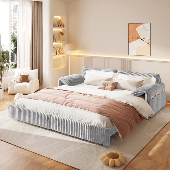 LLappuil 80" Corduroy Sofa, Pull Out Sofa Bed King Size, Loveseat Sofa Convertible Sofa Bed for Living Room Light Gray