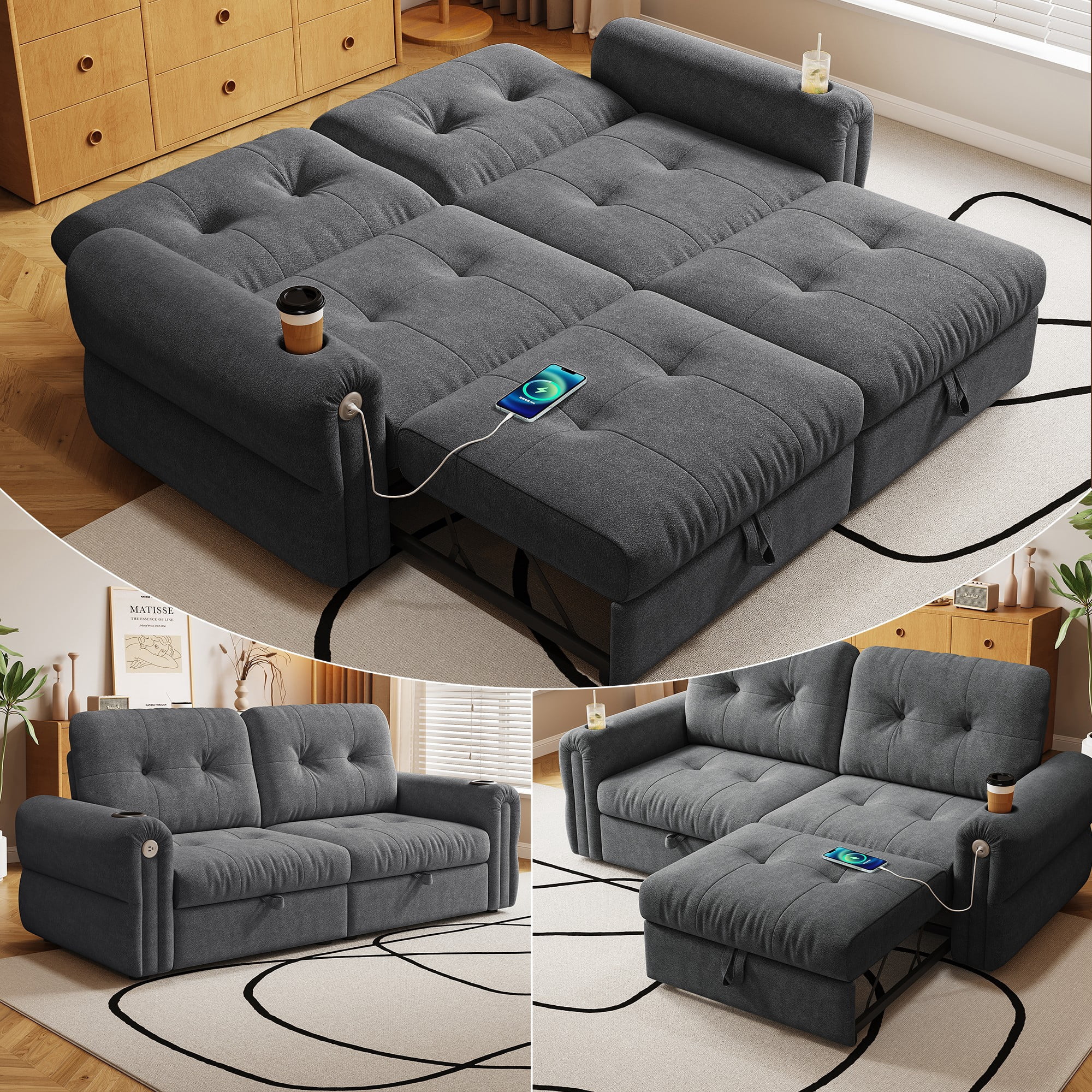 LLappuil 77" Pull Out Sofa Bed Queen Size, Loveseat Sofa Convertible Sofa Bed with USB Port Cupholders, Chenille Sofa Couch for Living Room Gray