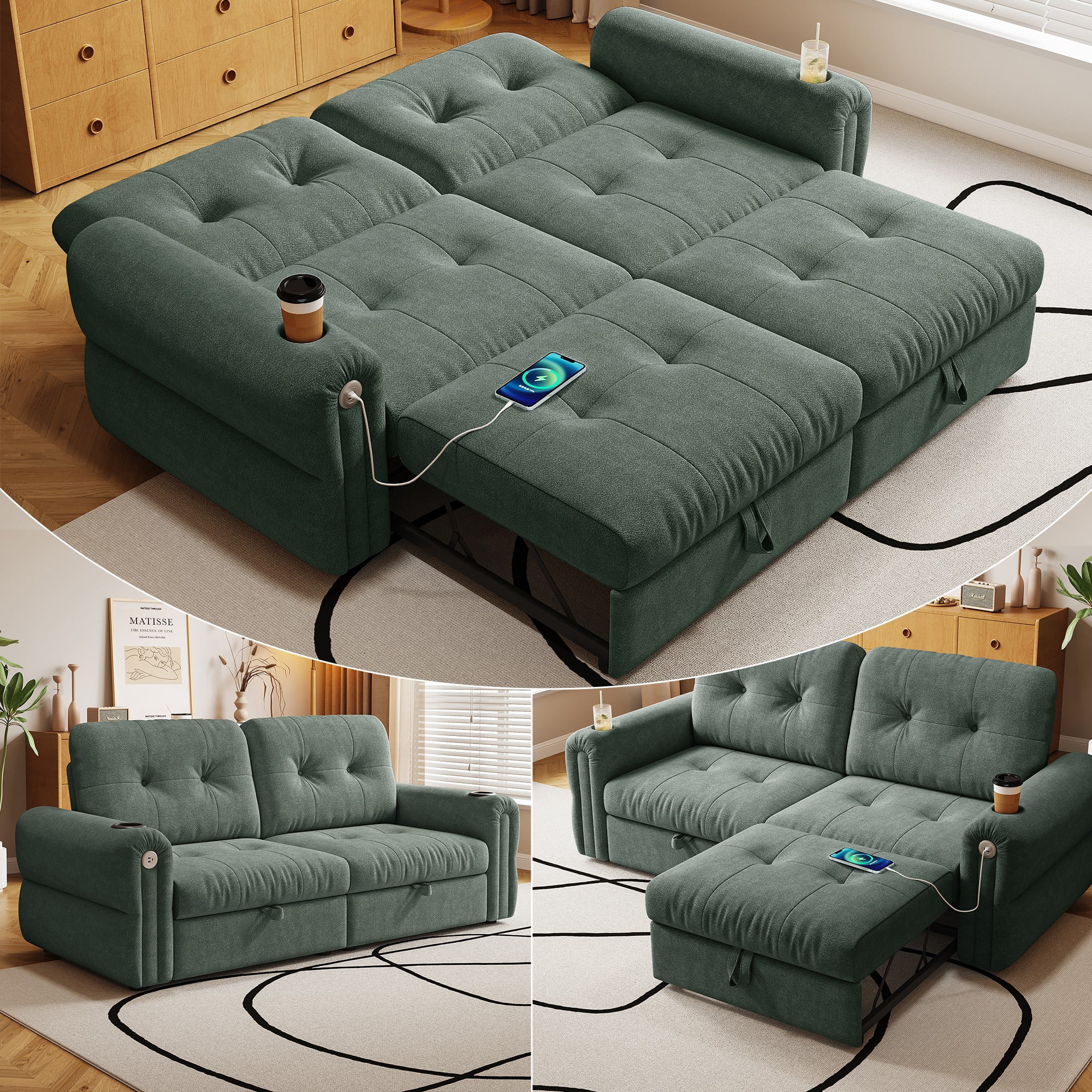 LLappuil 77" Pull Out Sofa Bed Queen Size, Loveseat Sofa Convertible Sofa Bed with USB Port Cupholders, Chenille Sofa Couch for Living Room Green