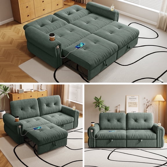 LLappuil 77" Pull Out Sofa Bed Queen Size, Loveseat Sofa Convertible Sofa Bed with USB Port Cupholders, Chenille Sofa Couch for Living Room Green