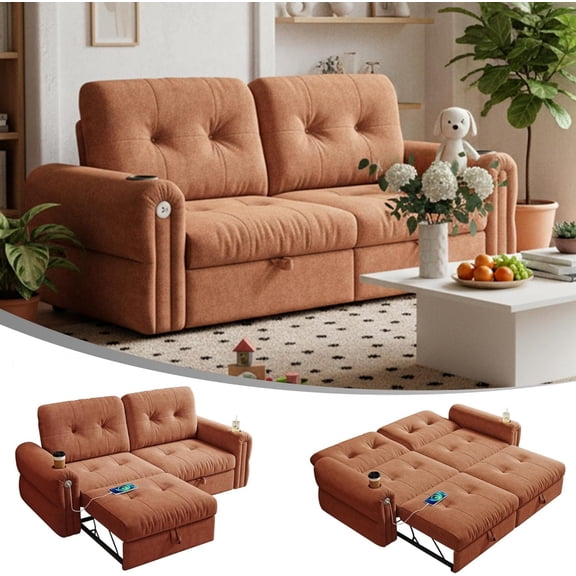 LLappuil 77" Pull Out Sofa Bed Queen Size, Loveseat Sofa Convertible Sofa Bed with USB Port Cupholders, Chenille Sofa Couch for Living Room Orange