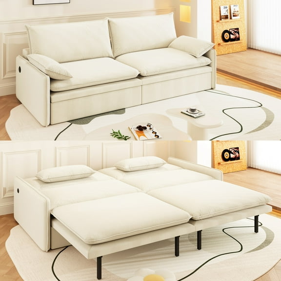 LLappuil 81" Cloud Couch, Loveseat Sofa with Storage, USB Port, Chenille Sofa with Pull Out Sofa Bed for Living Room Beige