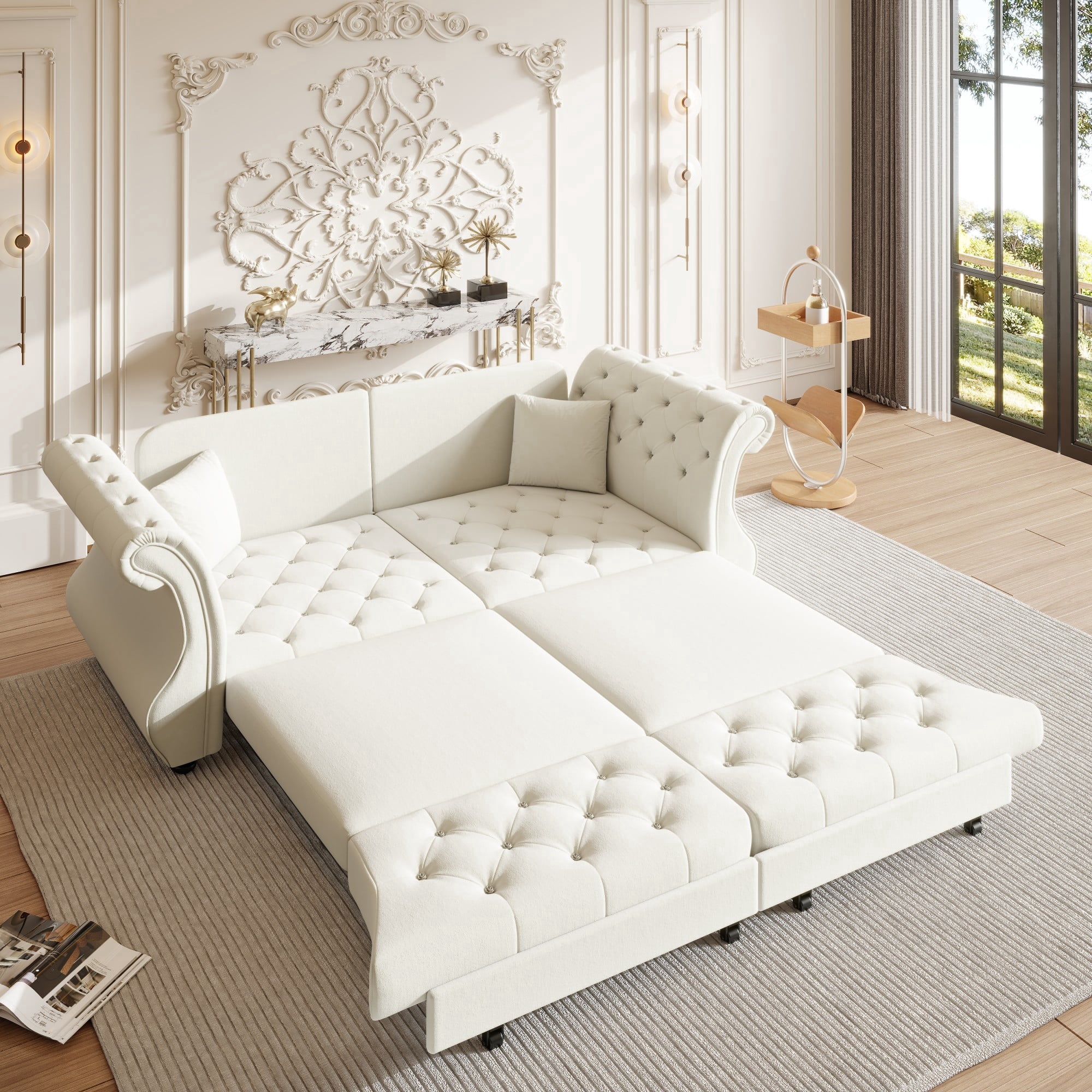 LLappuil 84" Pull Out Sofa Bed Queen Size, Oversized Chesterfield Velvet Sofa with Flower Tufting, Loveseat Sofa Couch Convertible Sofa Bed for Living Room Beige