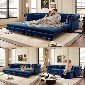LLappuil 89" Loveseat Sofa, Pull Out Sofa Bed King Size, Chesterfield Sofa Convertible Sleeper Sofa Bed, Velvet 3-Seater Sofa with Movable Ottoman for Living Room Blue