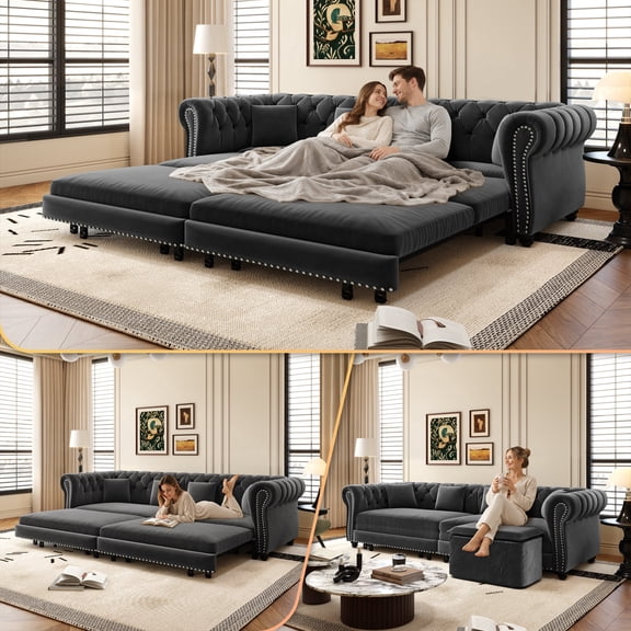 LLappuil 89" Loveseat Sofa, Pull Out Sofa Bed King Size, Chesterfield Sofa Convertible Sleeper Sofa Bed, Velvet 3-Seater Sofa with Movable Ottoman for Living Room Gray
