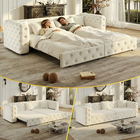 LLappuil 89" Velvet Chesterfield Sofa, Oversized Pull Out Sofa Bed King Size, Loveseat Sofa Couch Convertible Sofa Bed for Living Room White