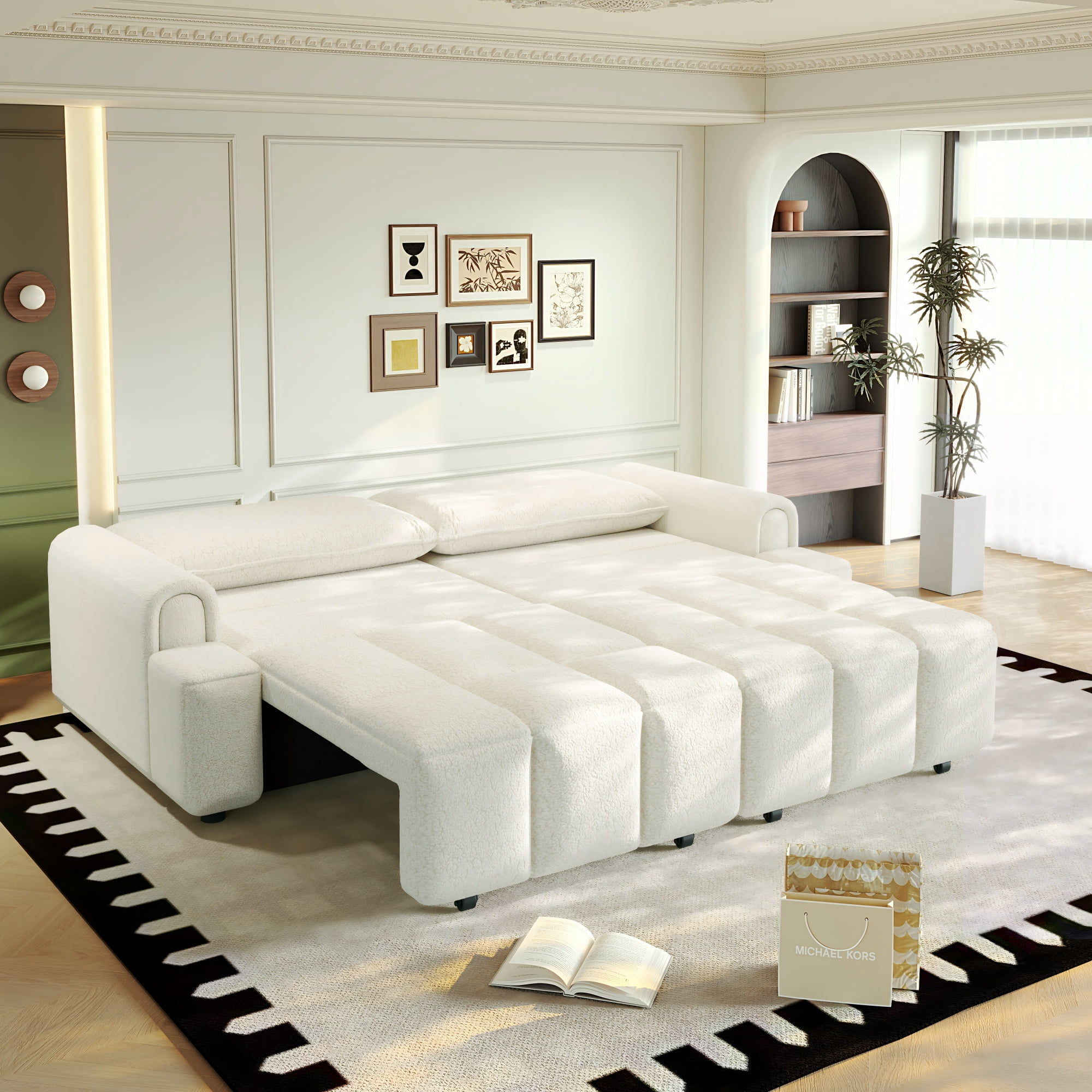 LLappuil 90" Cloud Couch, Oversized Floor Sofa Convertible Sofa Bed King Size, Sherpa Fleece Sofa Couch for Living Room Beige