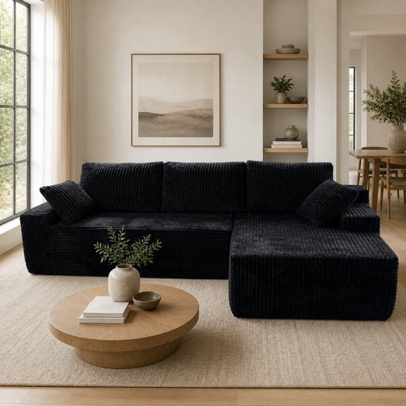 LLappuil 96" Sectional Sofa, Modular Sectional Couch with Left Chaise, Deep Seat Corduroy Cloud Sofa for Living Room Black