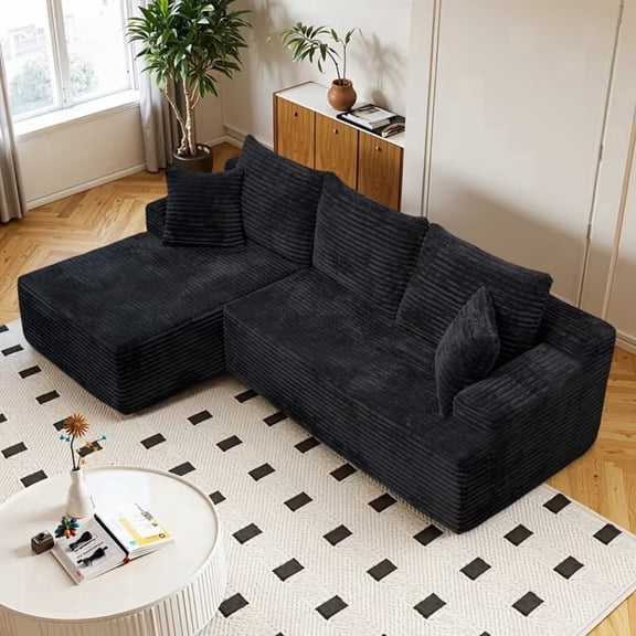 LLappuil 96" Sectional Sofa, Modular Sectional Couch with Right Chaise, Deep Seat Corduroy Cloud Sofa for Living Room Black