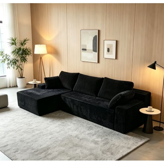 LLappuil 96" Sectional Sofa, Modular Sectional Couch with Right Chaise, Deep Seat Corduroy Cloud Sofa for Living Room Black