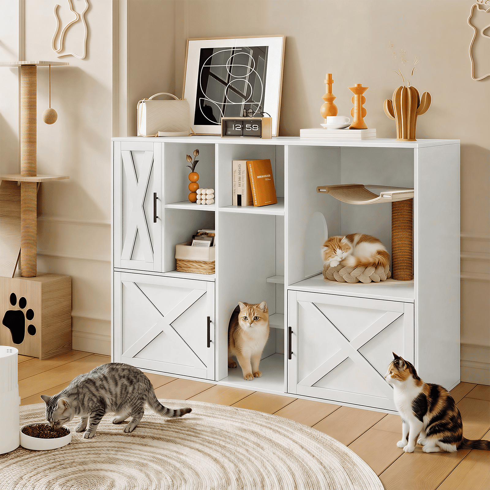 LLappuil Cat Litter Box Furniture, 55" Hidden Cat Litter Box Enclosure with Double Room, Open Shelves, Cabinet, Cat Washroom Furniture for Living Room Entryway