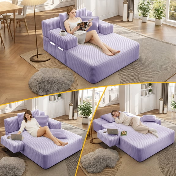 LLappuil Chaise Lounge Chair Indoor, Corduroy Boneless Sofa Bed, Deep Seat Sleeper Couch Reading Chairs, Cloud Sofas Couches for Living Room, No Assembly Required Purple