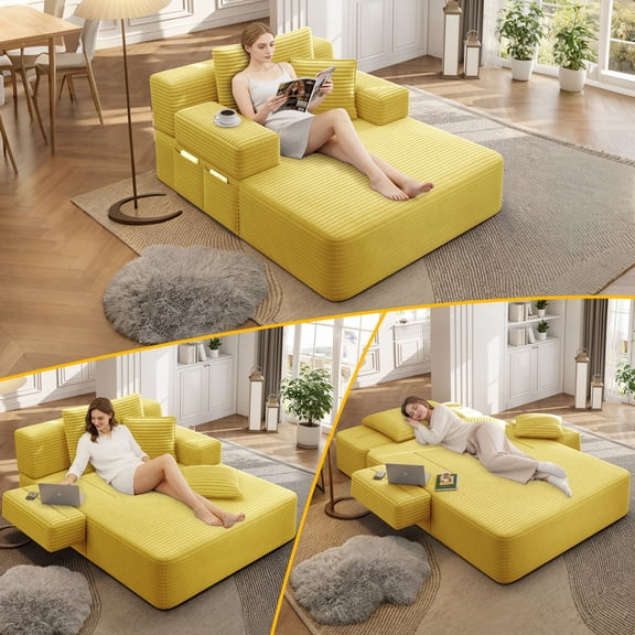 LLappuil Chaise Lounge Chair Indoor, Corduroy Boneless Sofa Bed, Deep Seat Sleeper Couch Reading Chairs, Cloud Sofas Couches for Living Room, No Assembly Required Yellow