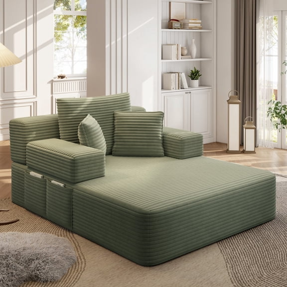 LLappuil Chaise Lounge Chair Indoor, Corduroy Boneless Sofa Bed, Deep Seat Sleeper Couch Reading Chairs, Cloud Sofas Couches for Living Room, No Assembly Required Green