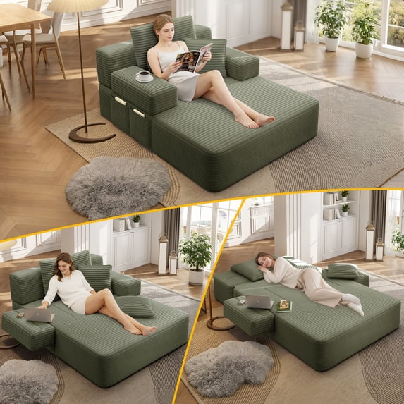 LLappuil Chaise Lounge Chair Indoor, Corduroy Boneless Sofa Bed, Deep Seat Sleeper Couch Reading Chairs, Cloud Sofas Couches for Living Room, No Assembly Required Green