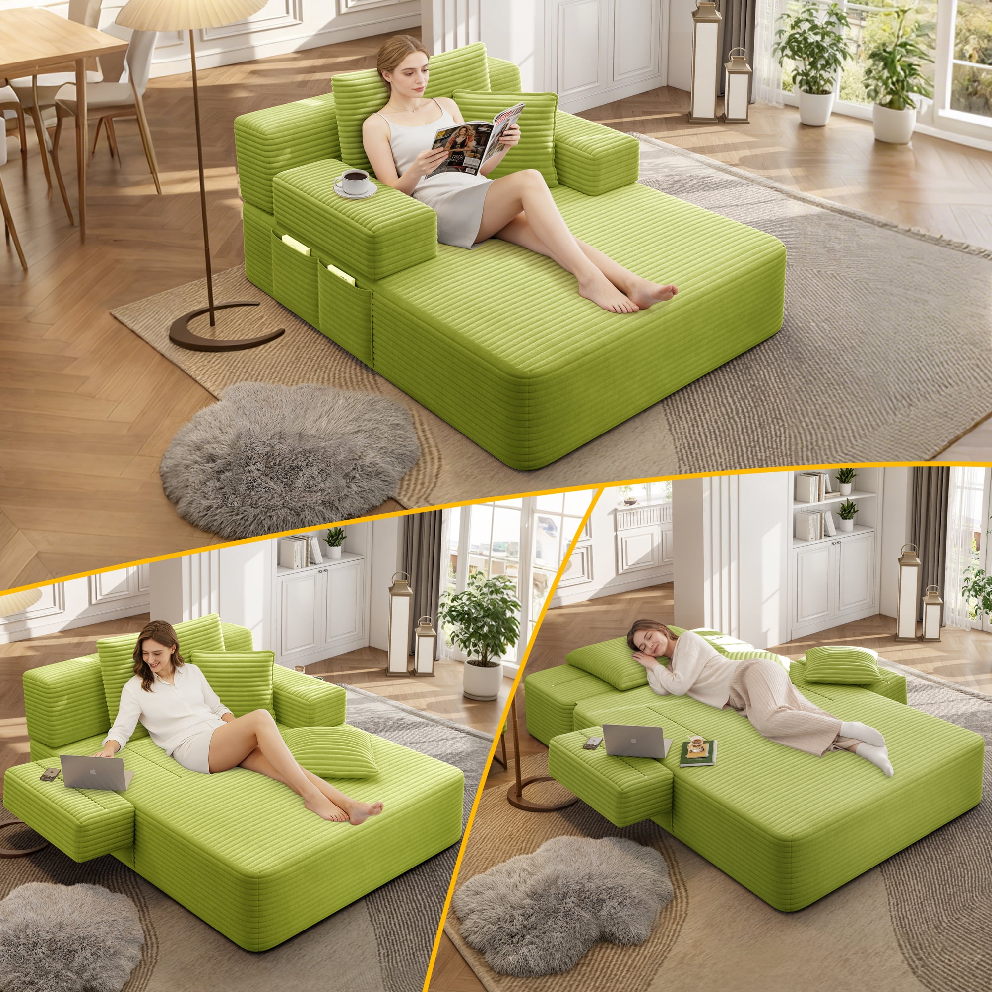 LLappuil Chaise Lounge Chair Indoor, Corduroy Boneless Sofa Bed, Deep Seat Sleeper Couch Reading Chairs, Cloud Sofas Couches for Living Room, No Assembly Required Olive