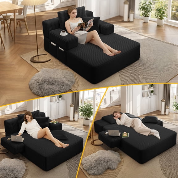 LLappuil Chaise Lounge Chair Indoor, Corduroy Boneless Sofa Bed, Deep Seat Sleeper Couch Reading Chairs, Cloud Sofas Couches for Living Room, No Assembly Required Black
