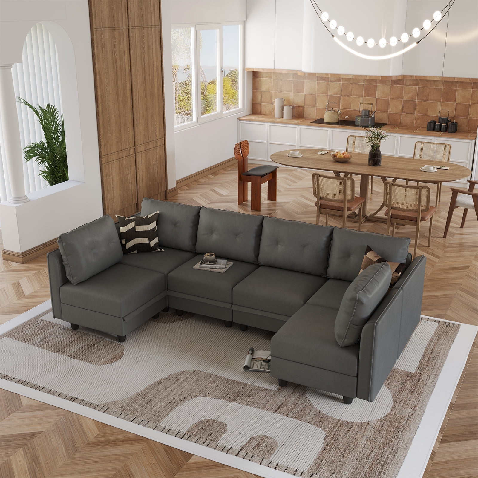 LLappuil Faux Leather Fabric 6 Seater Modular Sectional Couch with Reversible Chaise Waterproof U Shaped Sectional Sofa with Storage Seat Dark Grey Walmart