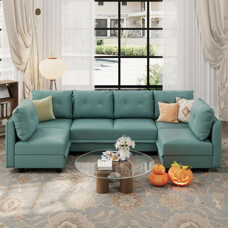 LLappuil Faux Leather Fabric Modular Sectional Sofa with Storage Seat Convertible 112 Inch 6 Seater U Shaped Sectional Sleeper Sofa Green Walmart